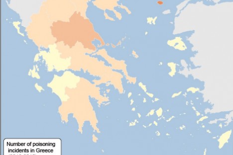 Sensitivity map for recorded poisoning incidents per region in Greece (2012-2015)
